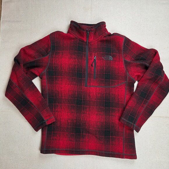 North Face Men's Small Red Buffalo Plaid Gordon Lyons 1/2 Zip Sweater Fleece - Picture 1 of 9